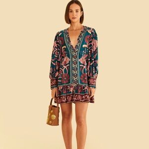 NWT FARM RIO Teal Seashell Tapestry Lenzing™ Ecovero™ Viscose Mini Dress
